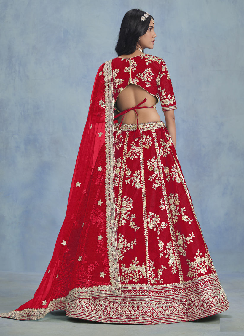 Hot Red Art Silk Sequins Embroidered Lehenga Choli Set