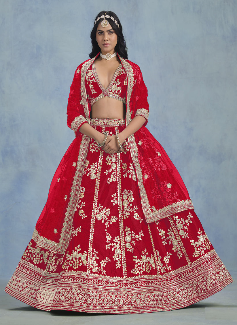 Hot Red Art Silk Sequins Embroidered Lehenga Choli Set