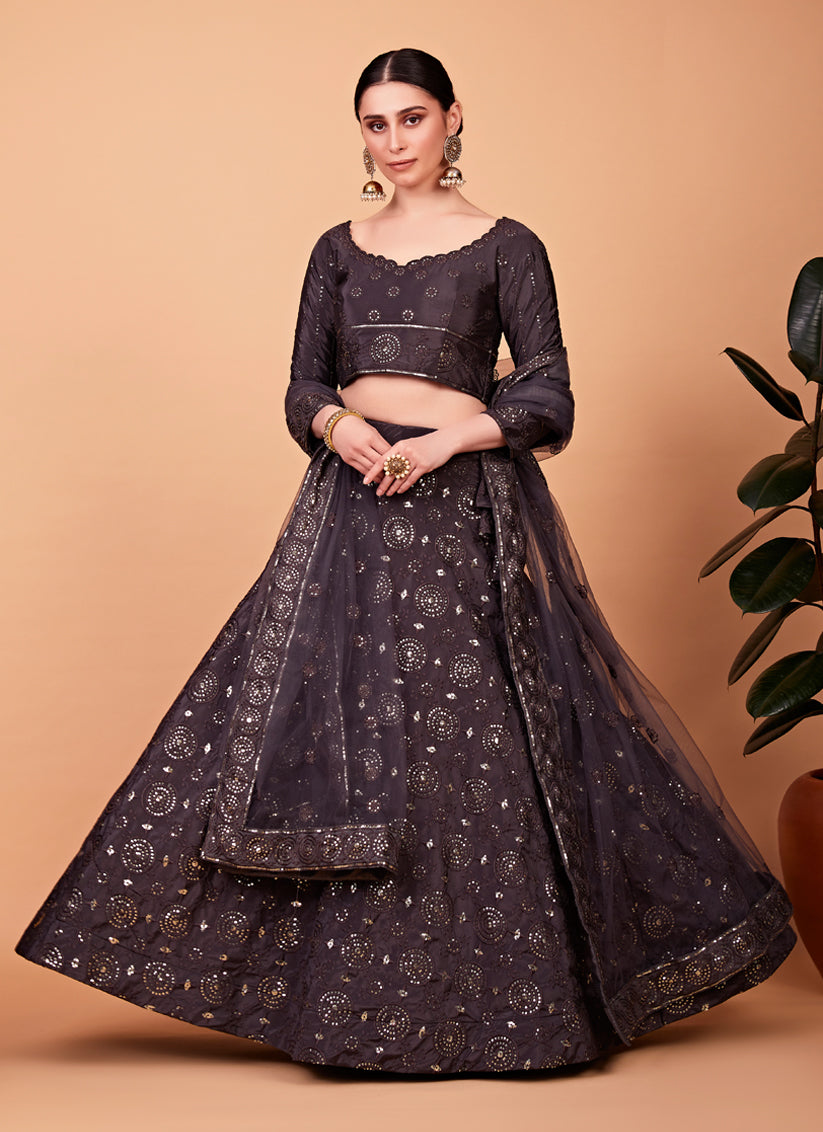 Slate Grey Silk Embroidered Designer Lehenga Choli Set