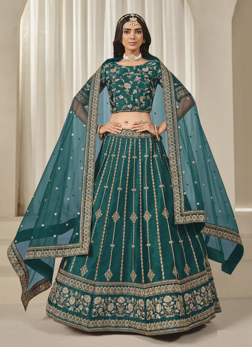 Rama Green Art Silk Embroidered Lehenga Choli Set