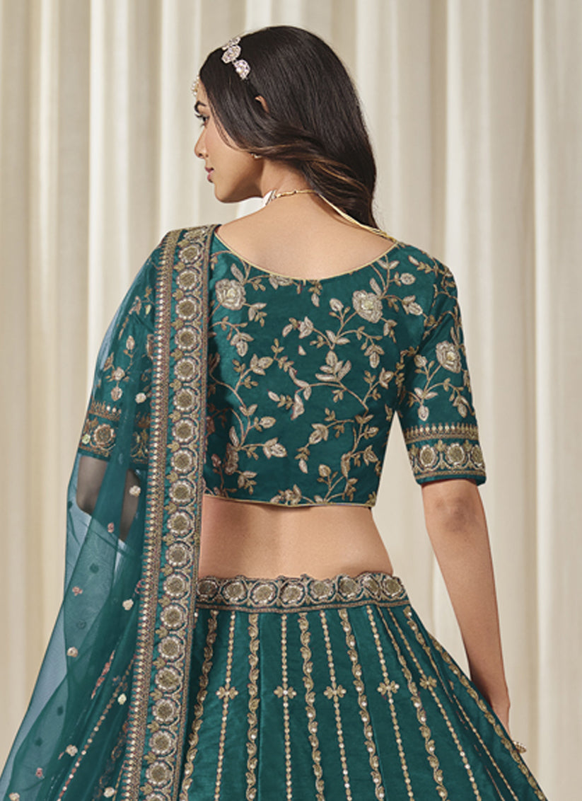 Rama Green Art Silk Embroidered Lehenga Choli Set