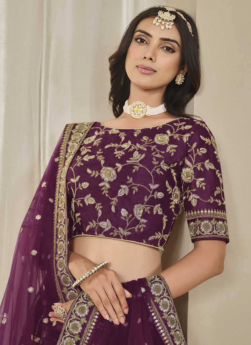 Wine Art Silk Embroidered Lehenga Choli Set