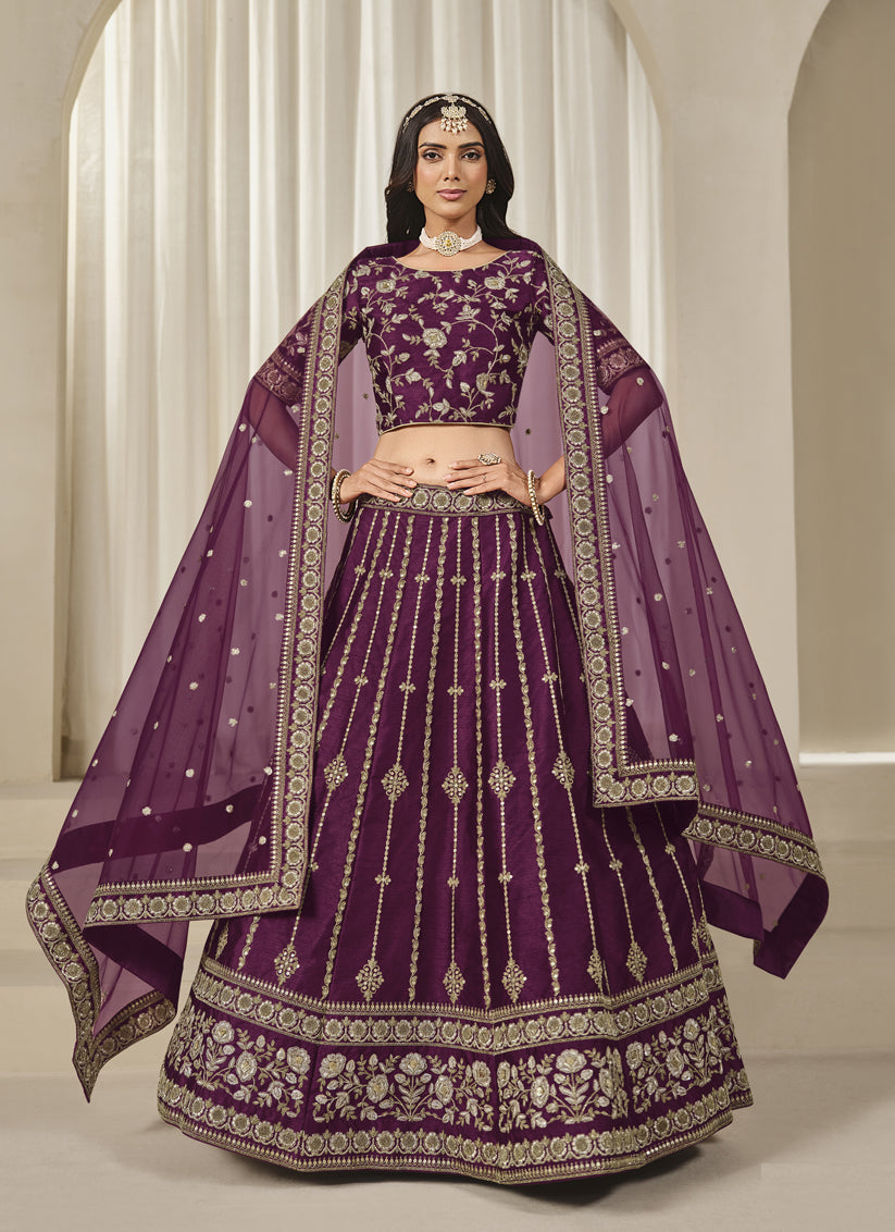 Wine Art Silk Embroidered Lehenga Choli Set