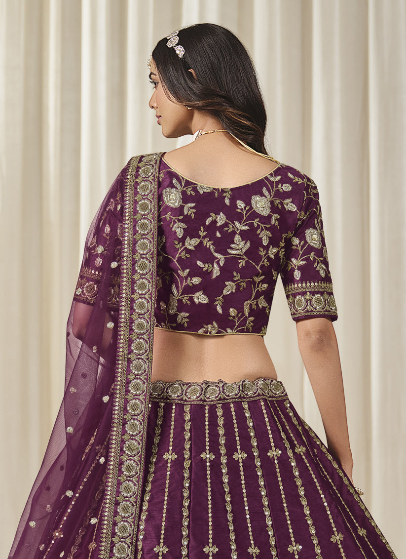 Wine Art Silk Embroidered Lehenga Choli Set