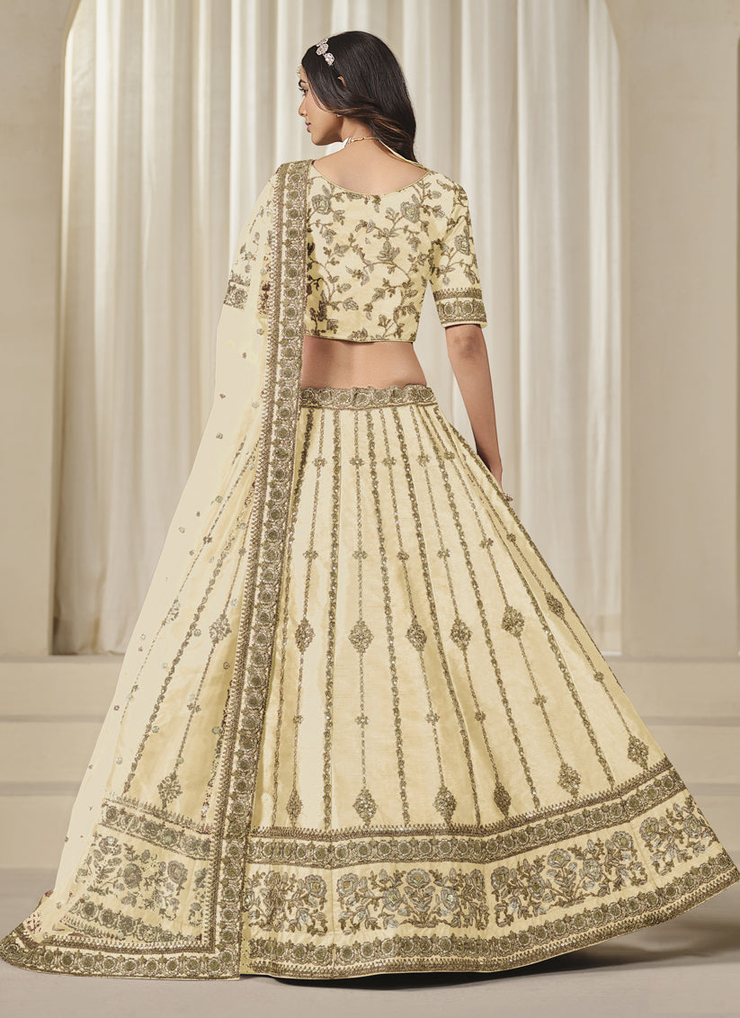 Cream Art Silk Heavy Embroidered Lehenga Choli Set