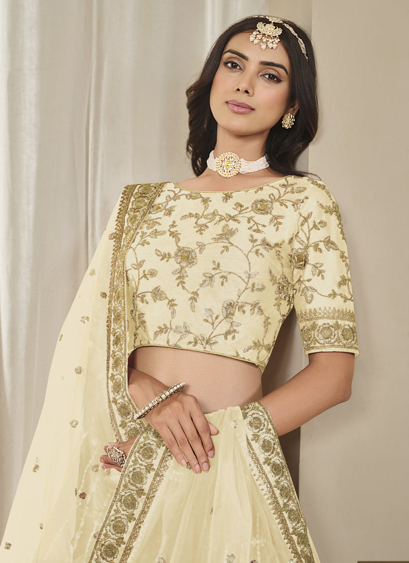 Cream Art Silk Heavy Embroidered Lehenga Choli Set