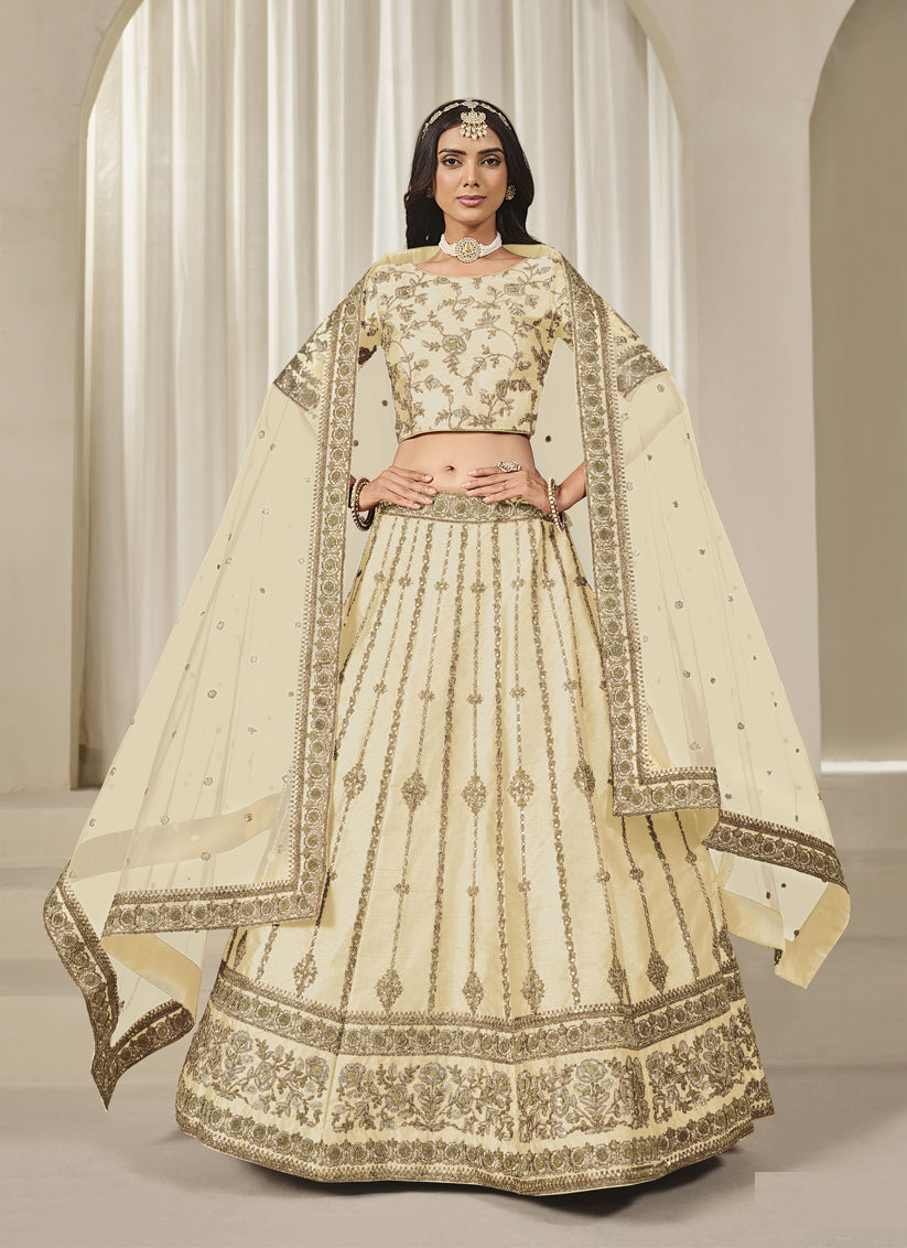 Cream Art Silk Heavy Embroidered Lehenga Choli Set