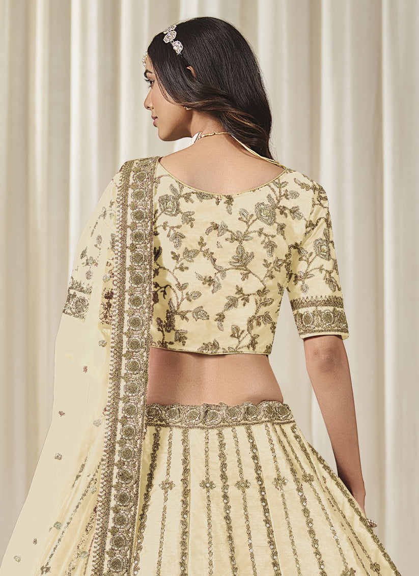 Cream Art Silk Heavy Embroidered Lehenga Choli Set