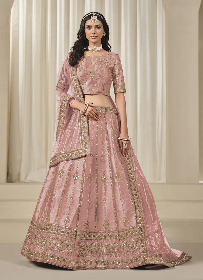 Coral Pink Art Silk Heavy Embroidered Lehenga Choli Set