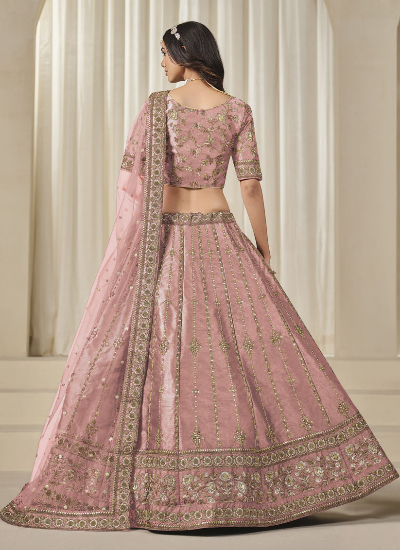 Coral Pink Art Silk Heavy Embroidered Lehenga Choli Set