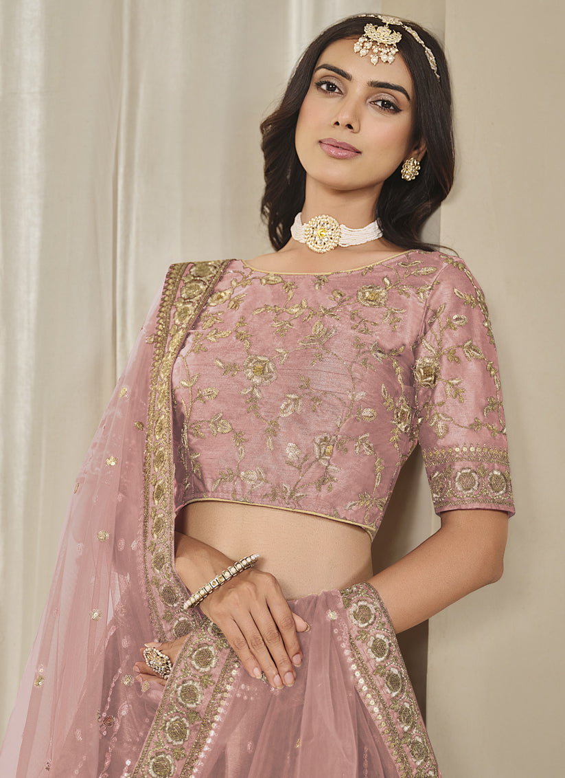 Coral Pink Art Silk Heavy Embroidered Lehenga Choli Set