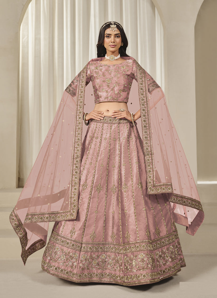 Coral Pink Art Silk Heavy Embroidered Lehenga Choli Set