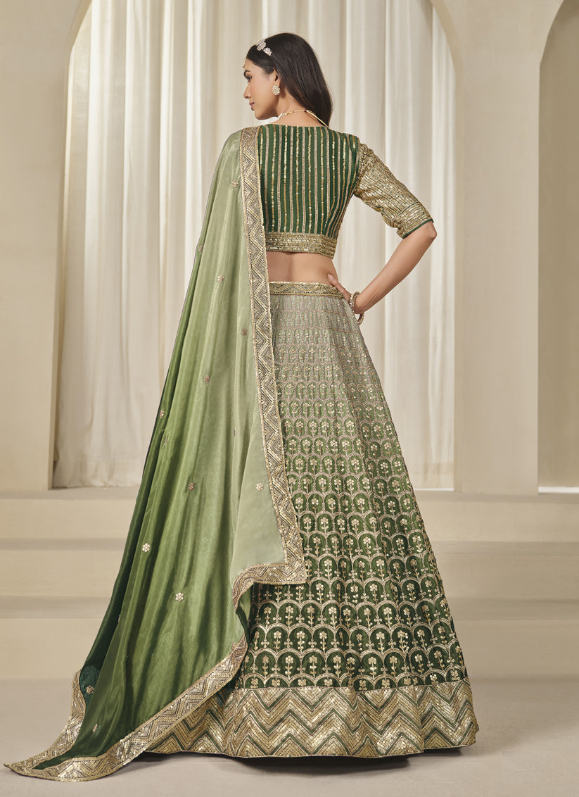 Olive Green Heavy Embroidered Premium Chinnon Silk Lehenga Choli Set