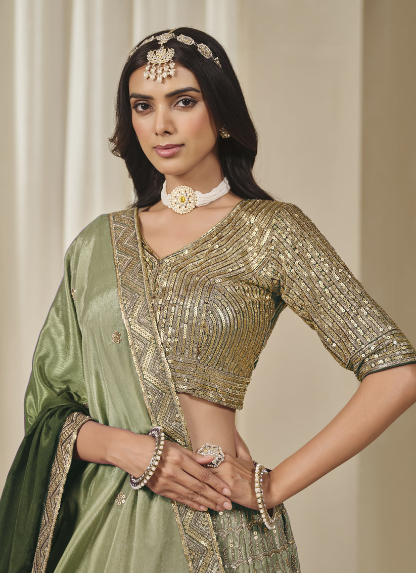 Olive Green Heavy Embroidered Premium Chinnon Silk Lehenga Choli Set