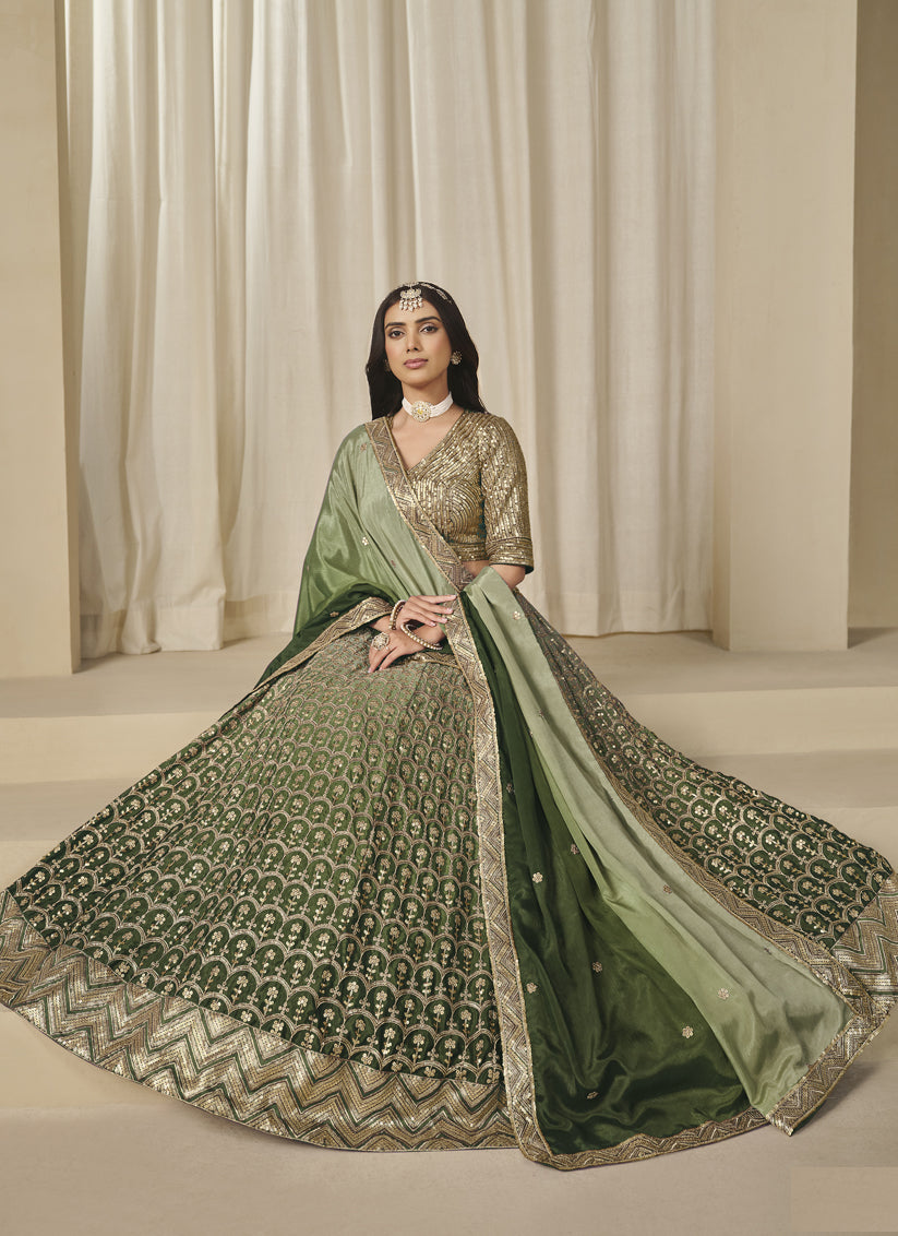 Olive Green Heavy Embroidered Premium Chinnon Silk Lehenga Choli Set