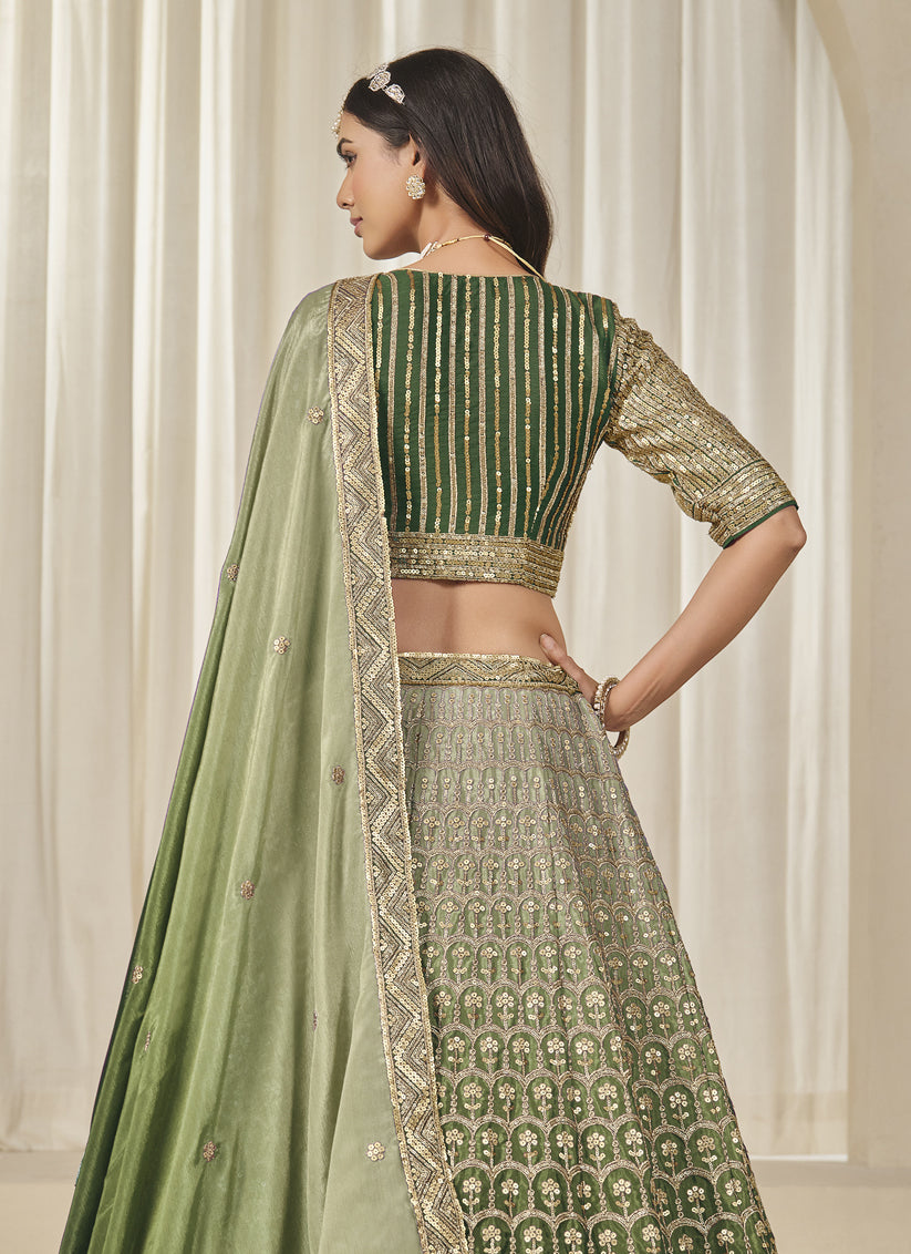 Olive Green Heavy Embroidered Premium Chinnon Silk Lehenga Choli Set