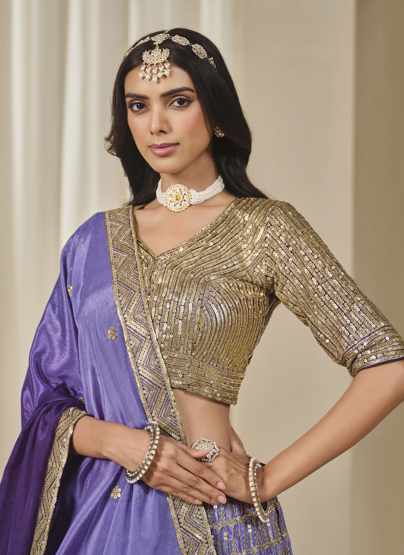 Purple Heavy Embroidered Premium Chinnon Silk Lehenga Choli Set