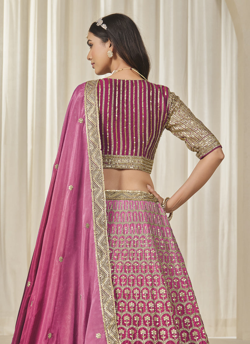 Rani Pink Heavy Embroidered Premium Chinnon Silk Lehenga Choli Set