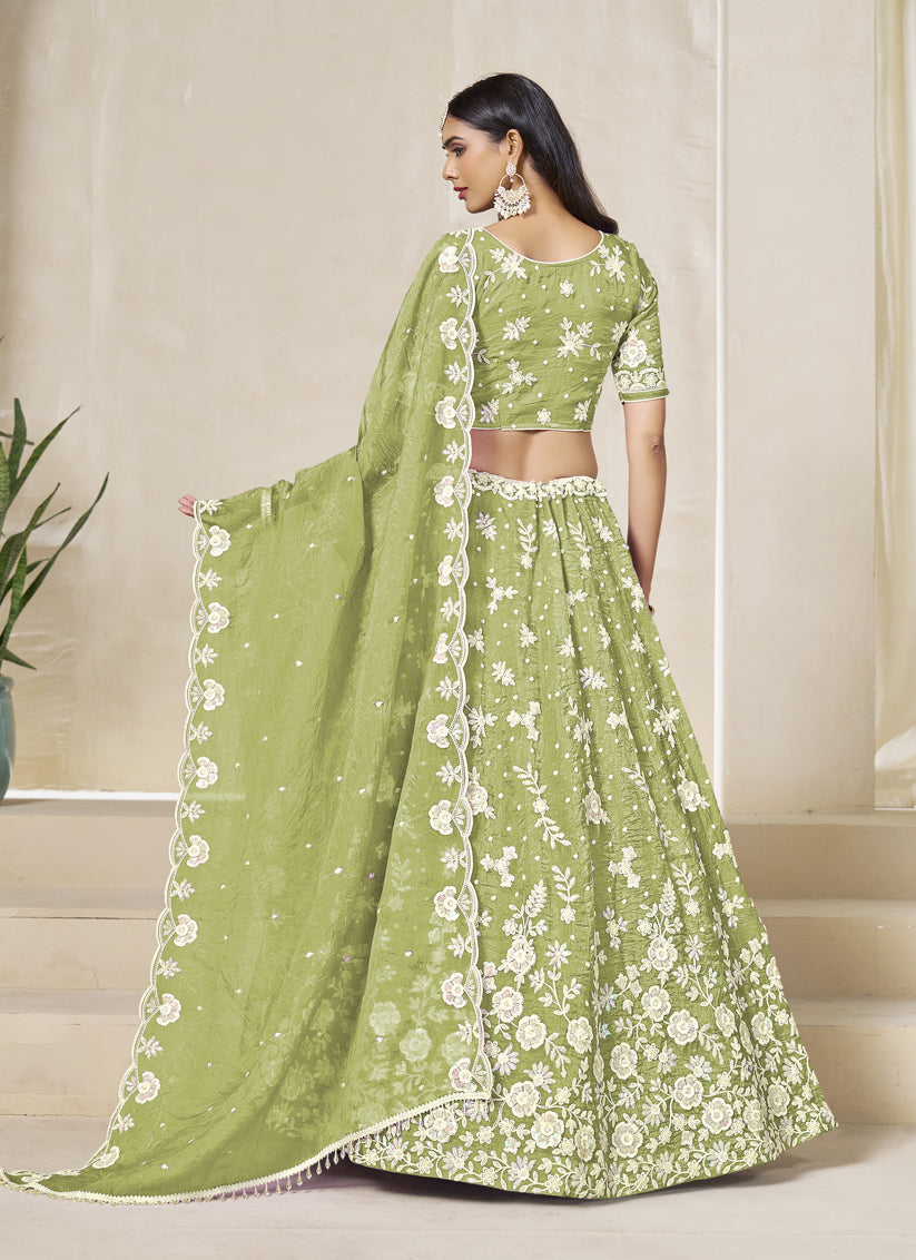 Pear Green Crush Organza Heavy Embroidered Lehenga Choli Set for Wedding