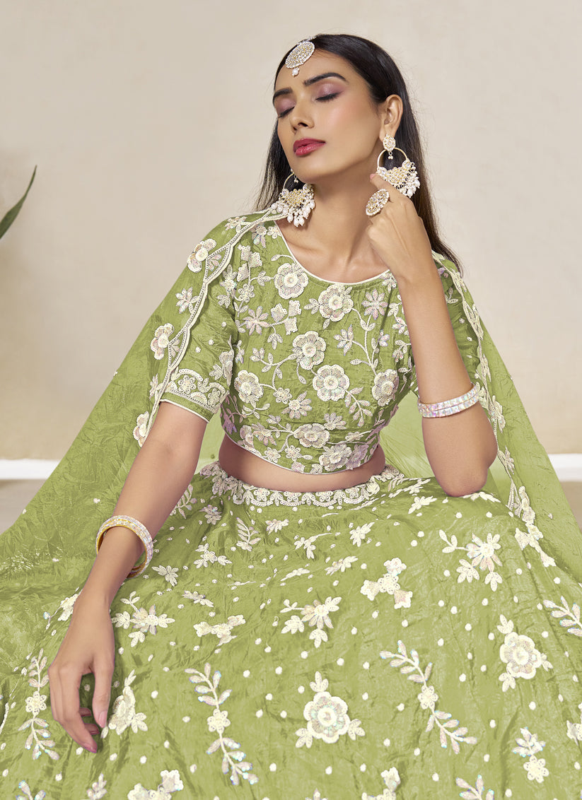 Pear Green Crush Organza Heavy Embroidered Lehenga Choli Set for Wedding