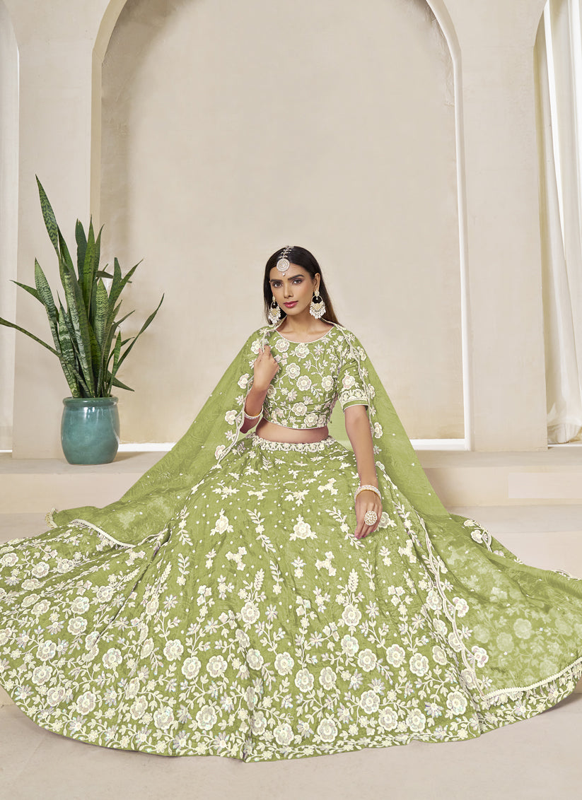Pear Green Crush Organza Heavy Embroidered Lehenga Choli Set for Wedding