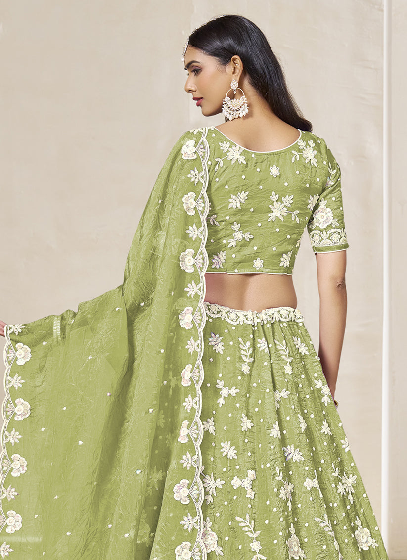 Pear Green Crush Organza Heavy Embroidered Lehenga Choli Set for Wedding