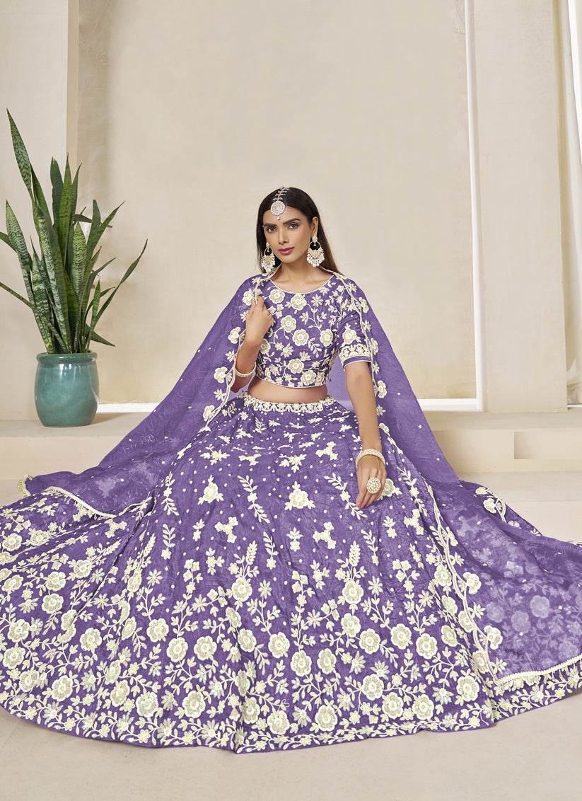 Lavender Crush Organza Heavy Embroidered Lehenga Choli Set for Wedding