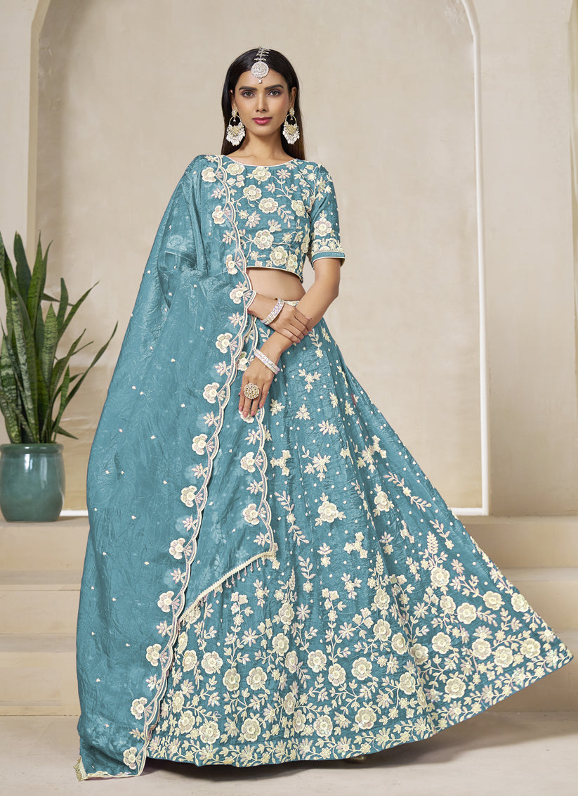 Firozi Crush Organza Heavy Embroidered Lehenga Choli Set for Wedding