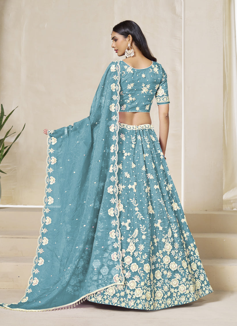 Firozi Crush Organza Heavy Embroidered Lehenga Choli Set for Wedding