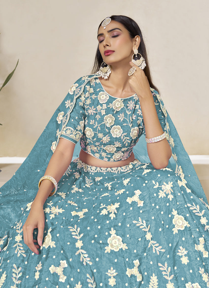 Firozi Crush Organza Heavy Embroidered Lehenga Choli Set for Wedding