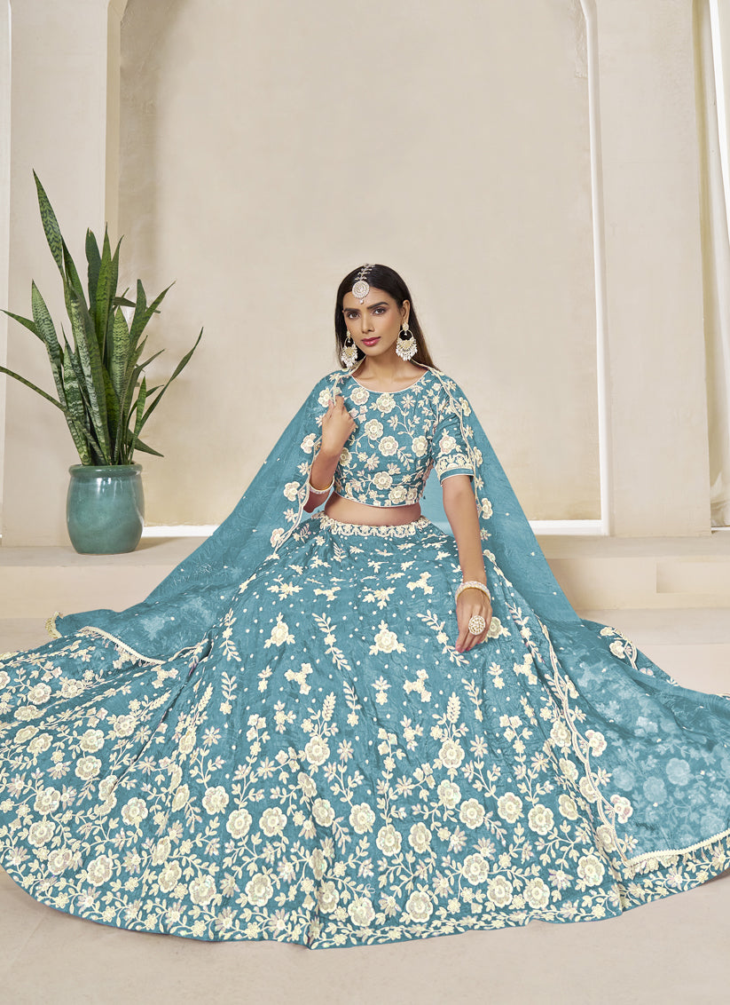 Firozi Crush Organza Heavy Embroidered Lehenga Choli Set for Wedding