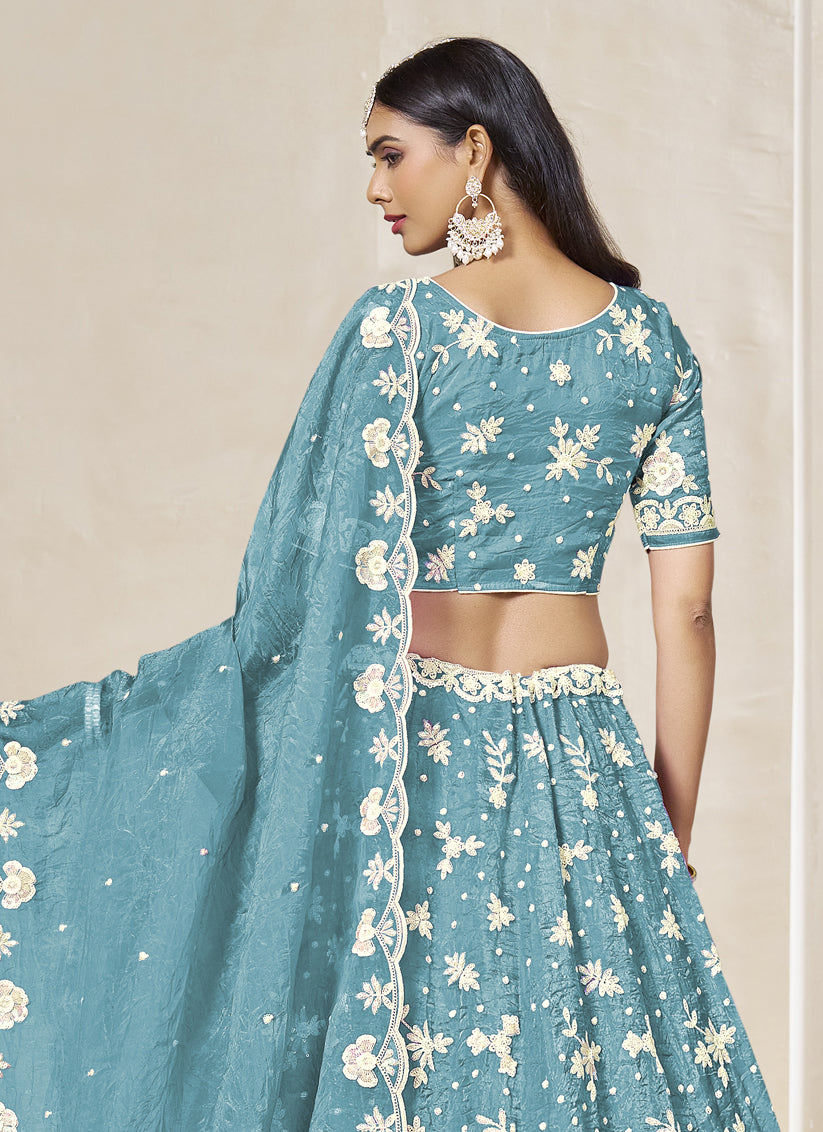 Firozi Crush Organza Heavy Embroidered Lehenga Choli Set for Wedding