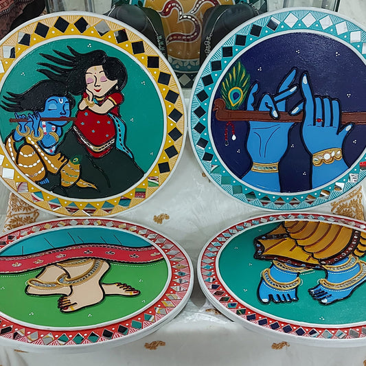 Set of 4 - Radhe Krishna Lippan Art Wall Plate