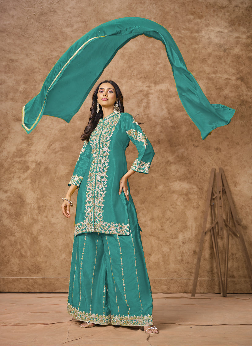 Firozi Chinnon Silk Embroidered Palazzo Kameez