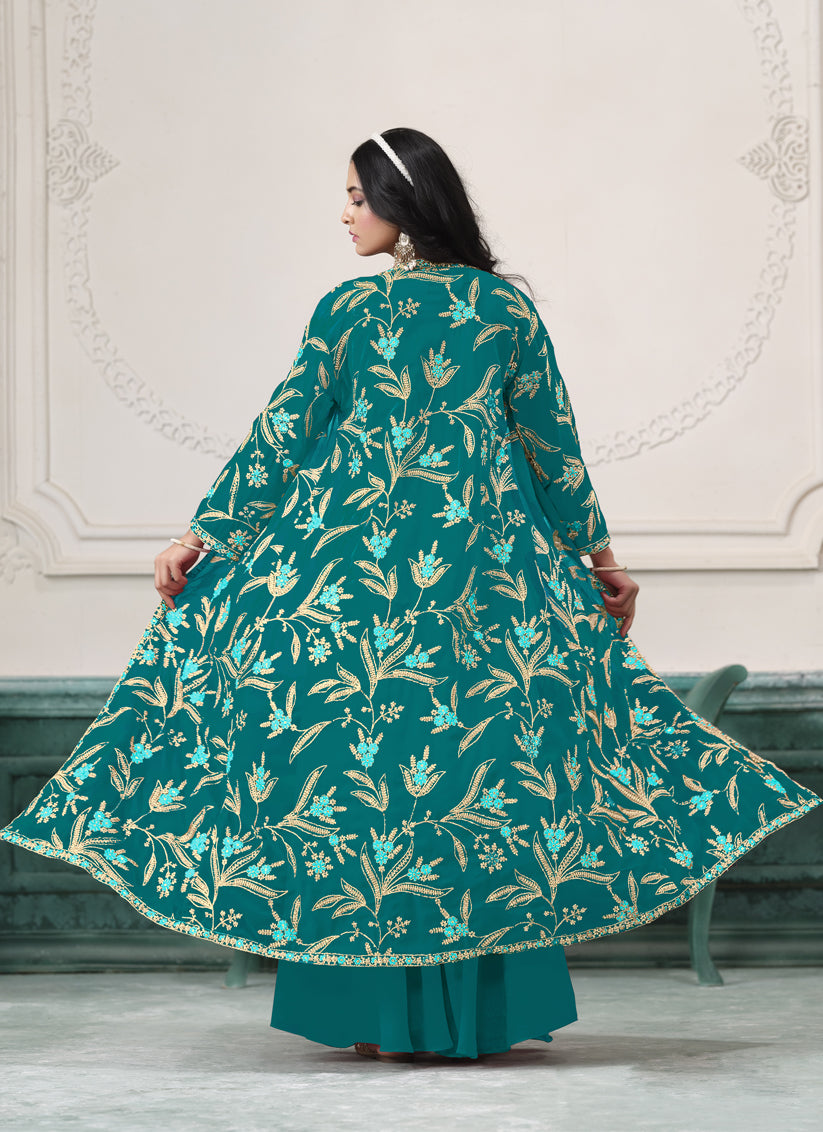 Rama Green Faux Georgette Embroidered Readymade IndoWestern