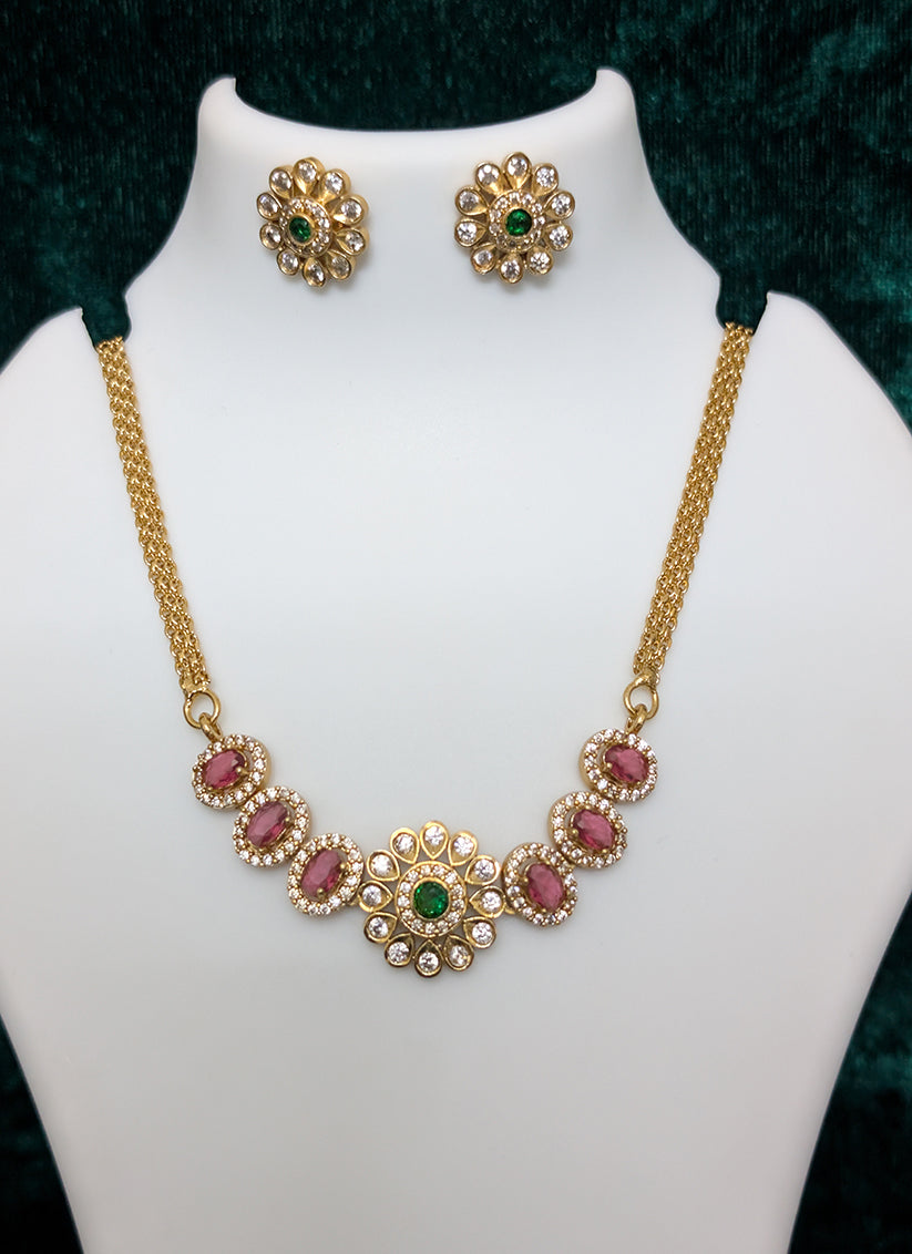 Gold Pleated Ruby Stone Studded Necklace Set