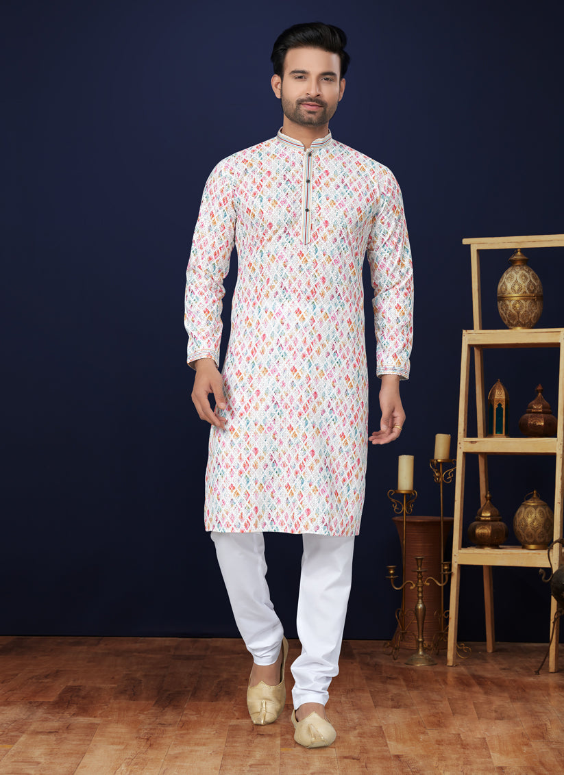 White Cotton Mens Kurta Pajama Set