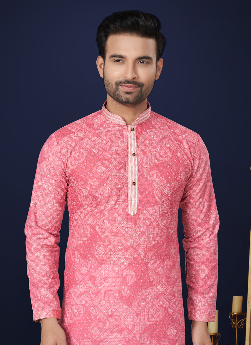 Coral Pink Cotton Mens Kurta Pajama Set