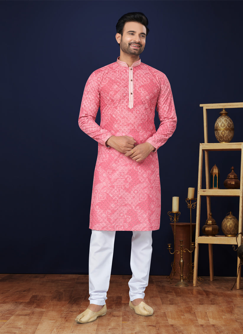 Coral Pink Cotton Mens Kurta Pajama Set