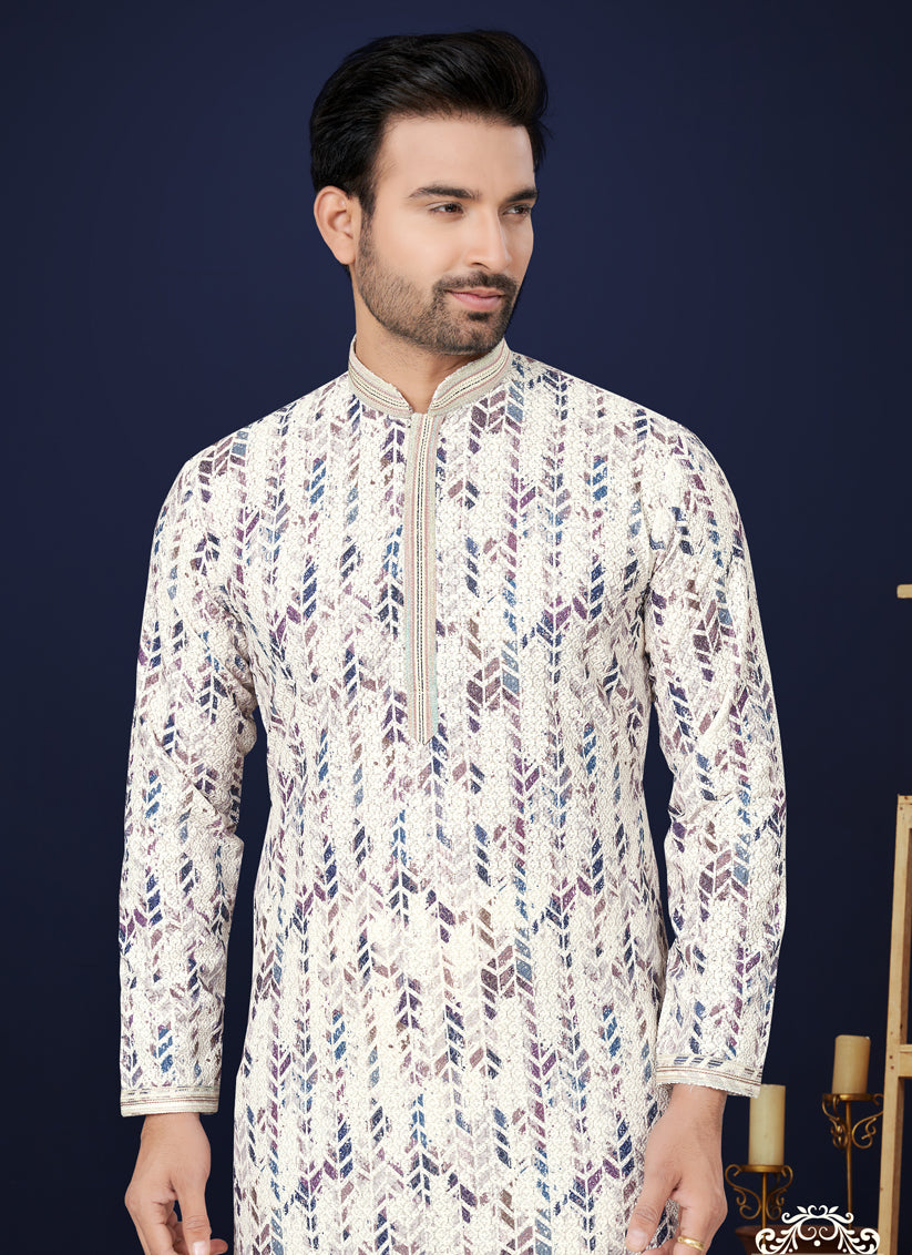 Off White Cotton Mens Kurta Pajama Set
