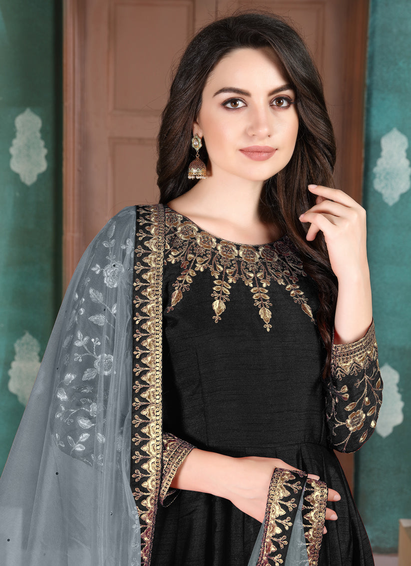 Black Silk Slub Embroidered Anarkali Suit
