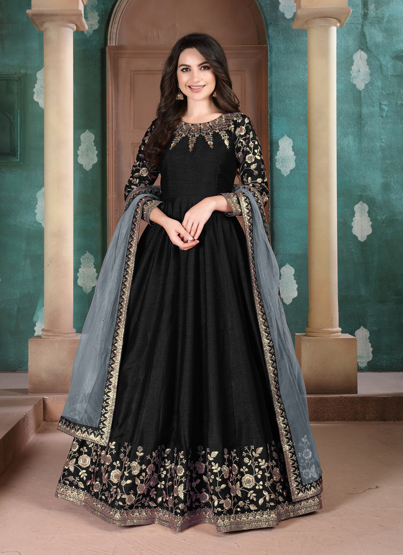 Black Silk Slub Embroidered Anarkali Suit