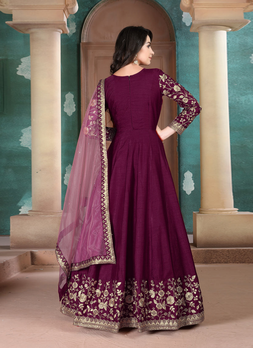 Wine Silk Slub Embroidered Anarkali Suit