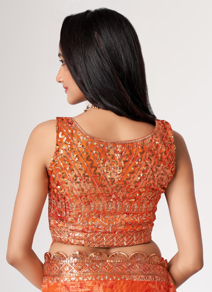 Tangy Orange Organza Sequins Saree