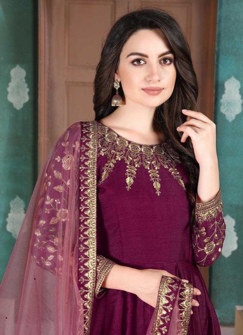 Wine Silk Slub Embroidered Anarkali Suit