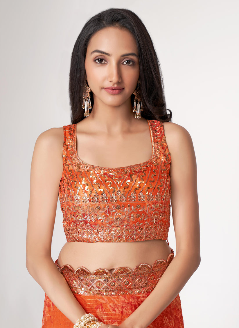 Tangy Orange Organza Sequins Saree