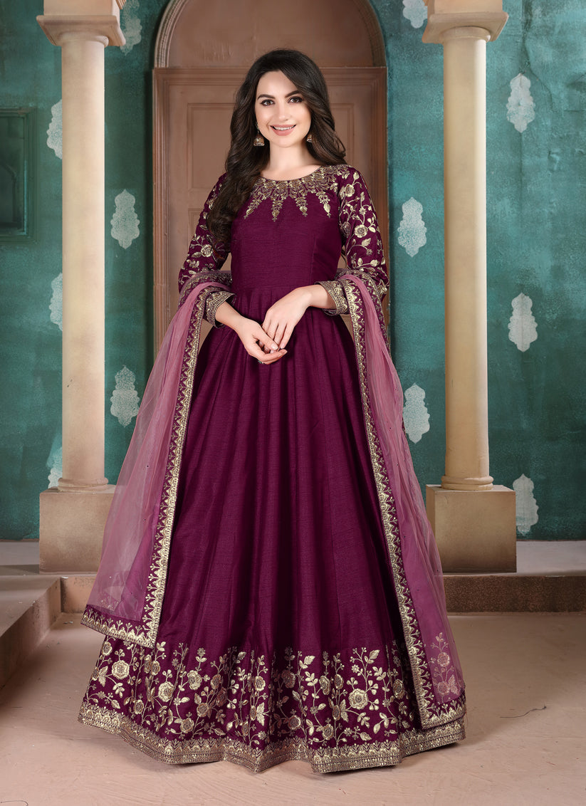 Wine Silk Slub Embroidered Anarkali Suit