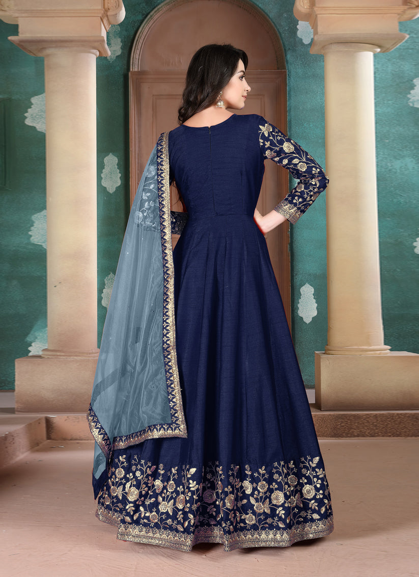 Navy Blue Silk Slub Embroidered Anarkali Suit