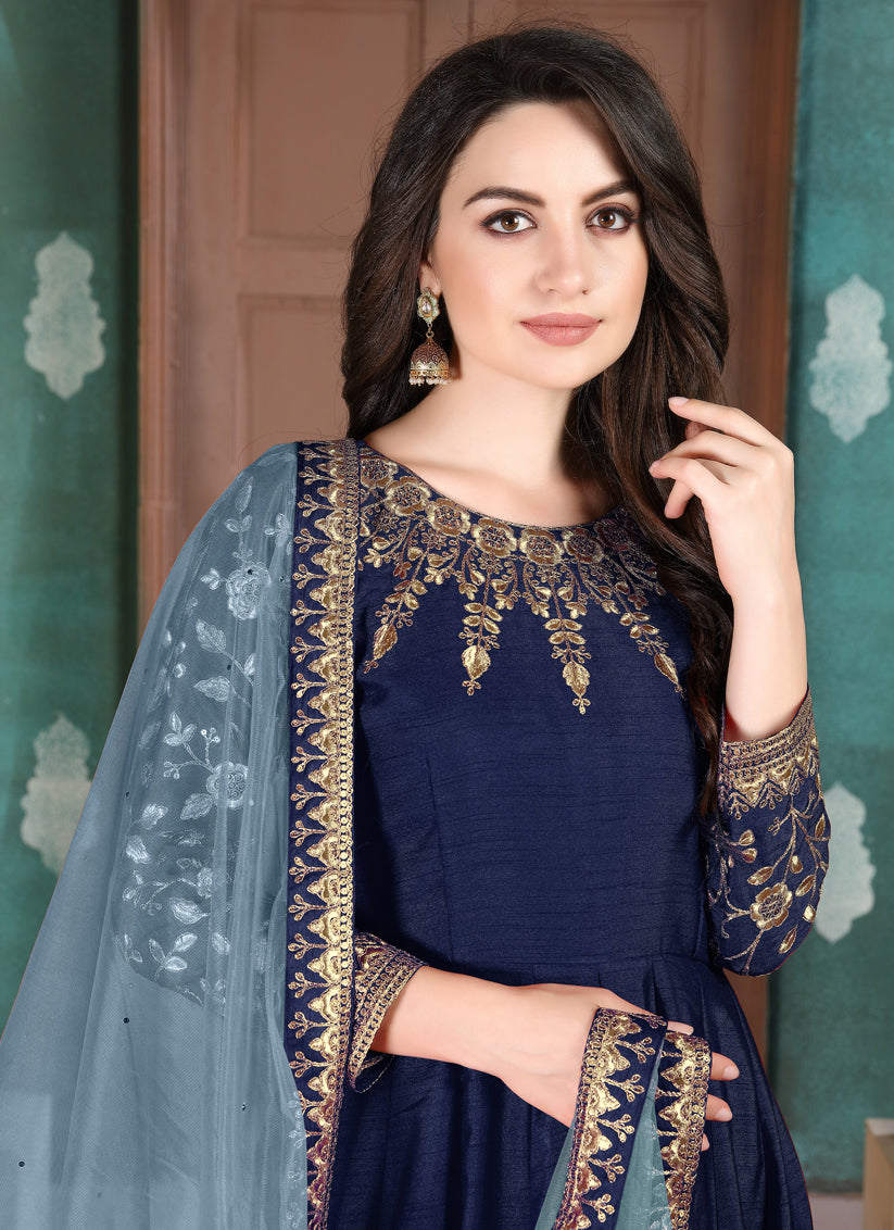 Navy Blue Silk Slub Embroidered Anarkali Suit