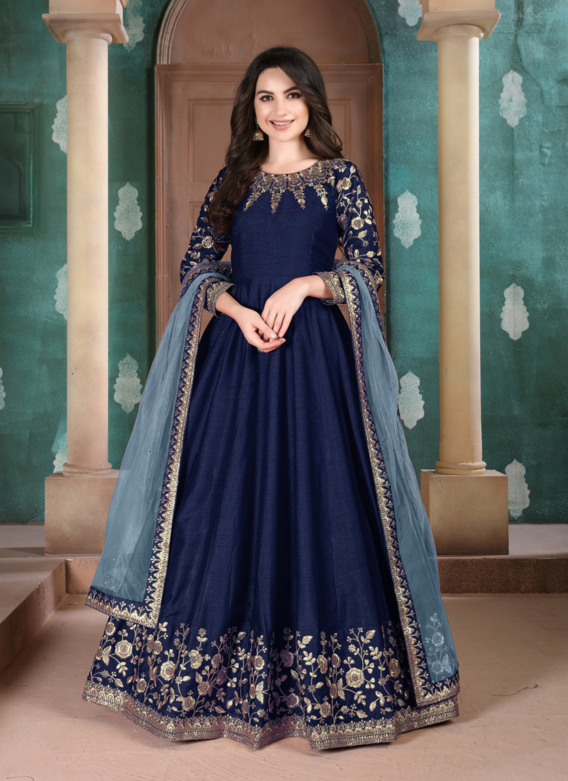 Navy Blue Silk Slub Embroidered Anarkali Suit